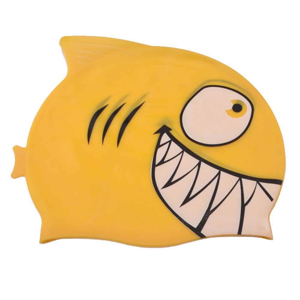 Gorro de natación con tiburón de dibujos animados para niños, gorro de piscina de silicona, impermeable, protege las orejas, equipo de natación para niños y niñas: yellow