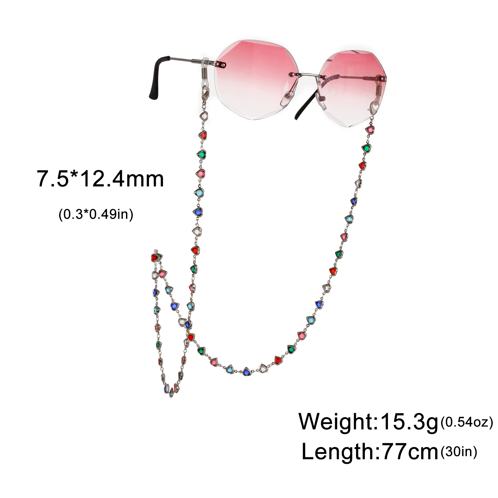 Gekleurde kristallen hartvormige brilketting roestvrijstalen dameszonnebrilketting modieuze Boheemse sieradenaccessoires: Zilver