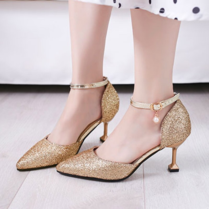 Plus size 43 kvinnor bröllopsskor guldklackar ankelrem pumps höga klackar silver brudskor kvinna bling klänning skor 7729: Guld- / 4.5