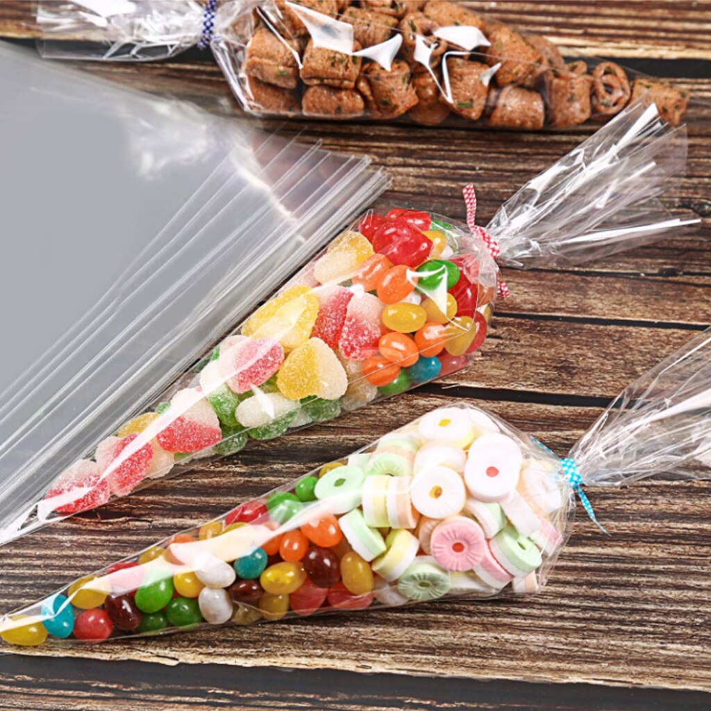 Sacs cône de fête en plastique transparent, sacs à bonbons biscuits avec petits liens assortis, organisateur de stockage des aliments à domicile 50/100/200 pièces