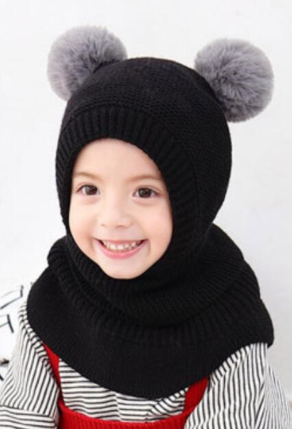tricot à capuche écharpe enfants chapeau et écharpe enfant avec masque hiver Protection chaude oreille Pom Cap écharpes filles garçon accessoires: Black