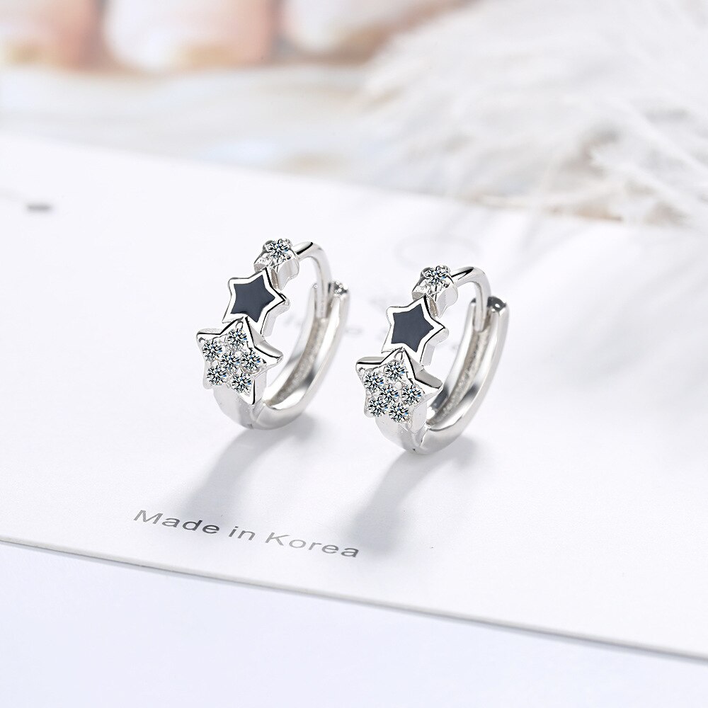 Pendientes tipo botón de plata fina 925, pendientes de de estrellas negro para mujer, joyas de plata de Corea, novedad