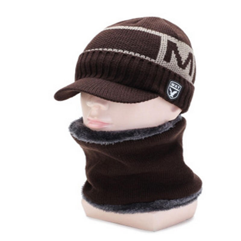 Menn kvinner termisk fleece foret lue lue varm strikket vinter ski lokk strikket hals varme 2 stk: Brun