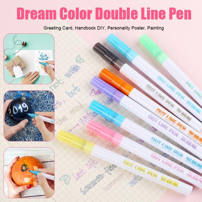 8 Colors/Set Card Writing Drawing Pens Double Line Outline Pen Stationery AIA99
