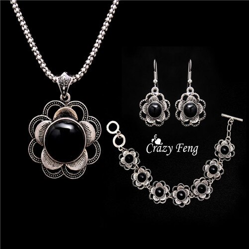 Lattest Tibetan Silver Women Jewelry Sets Pendant Necklace Earrings Bracelet Jewelry sets Jewelry For Women: black