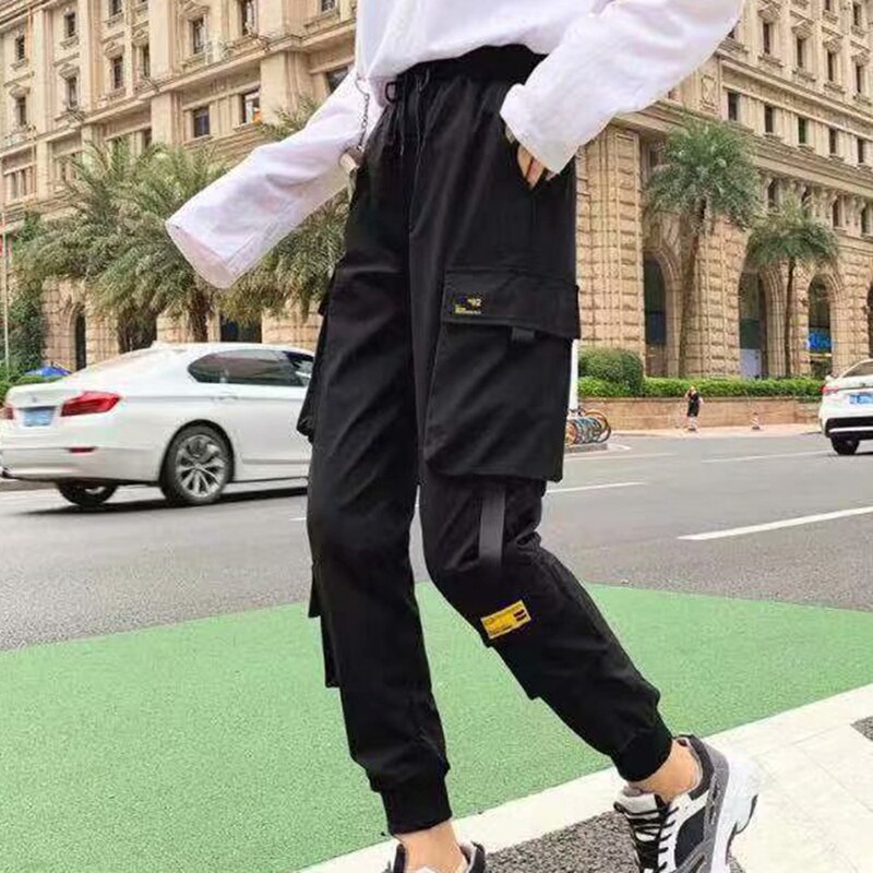 lässig Frauen Lauf Hosen Streetwear Ladung-Schlauch Schwarz Elastische Taille breite bein Jogger Hosen Weibliche verlieren Haren ausgebeult Hosen: L