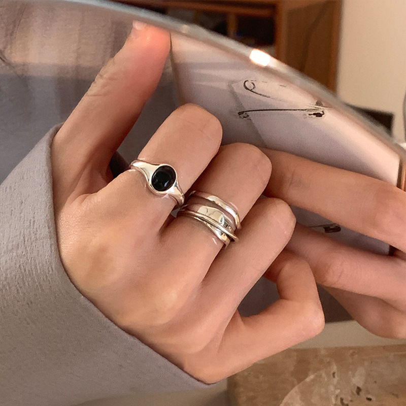 Anello da dito aperto in argento 925 pietra nera multistrato Punk geometrico impilabile per le donne ragazza gioielli regalo Dropship all'ingrosso