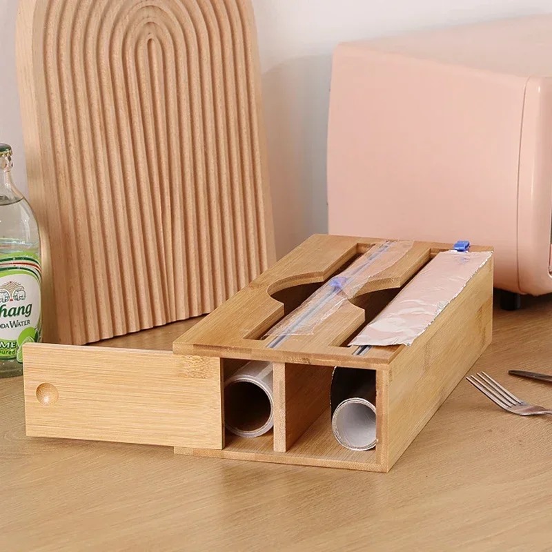 Keuken Bamboe Compartiment Vershoudfolie Tin Folie Cutter Box Keukenpapier Wandmontage Papieren Handdoek Keuken Organizer Accessoires