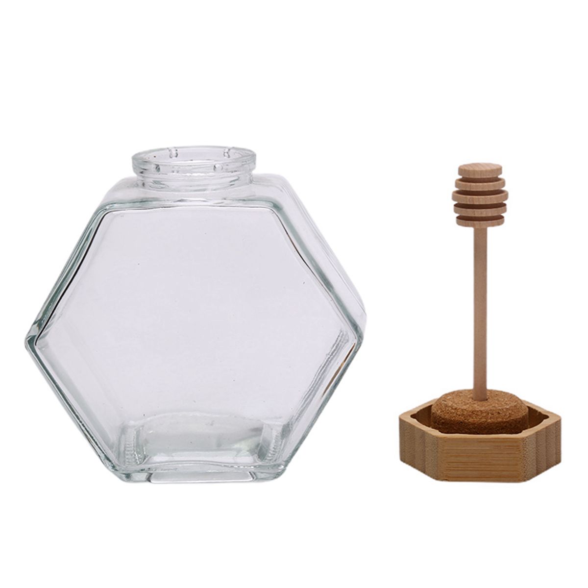 Glass Honey Bottle Hexagonal Transparent with Cork Lid Wooden Stirring Rod Mini Honey Jar for Party Favors