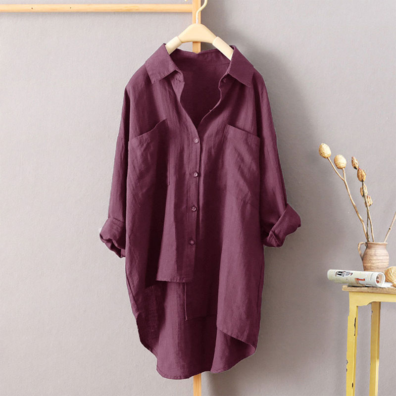 2025 Primavera Verano ropa de calle camisa holgada de Color sólido ropa de mujer bolsillos combinables blusa coreana de un solo pecho: XL / Color claret