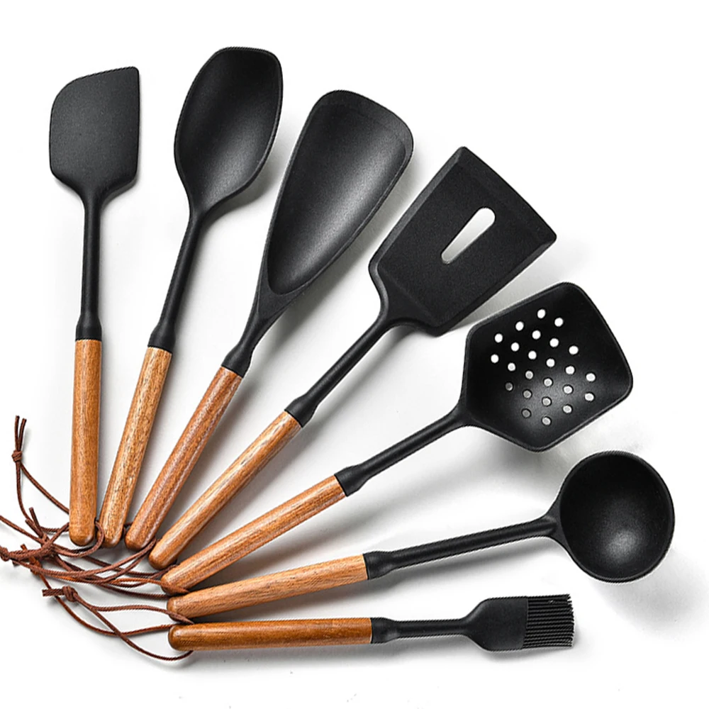 Juego de utensilios de cocina de silicona con mango de madera, espátula antiadherente, colador, cuchara para sopa, pala para freír, utensilios de cocina, 1/7 Uds.: Gris oscuro