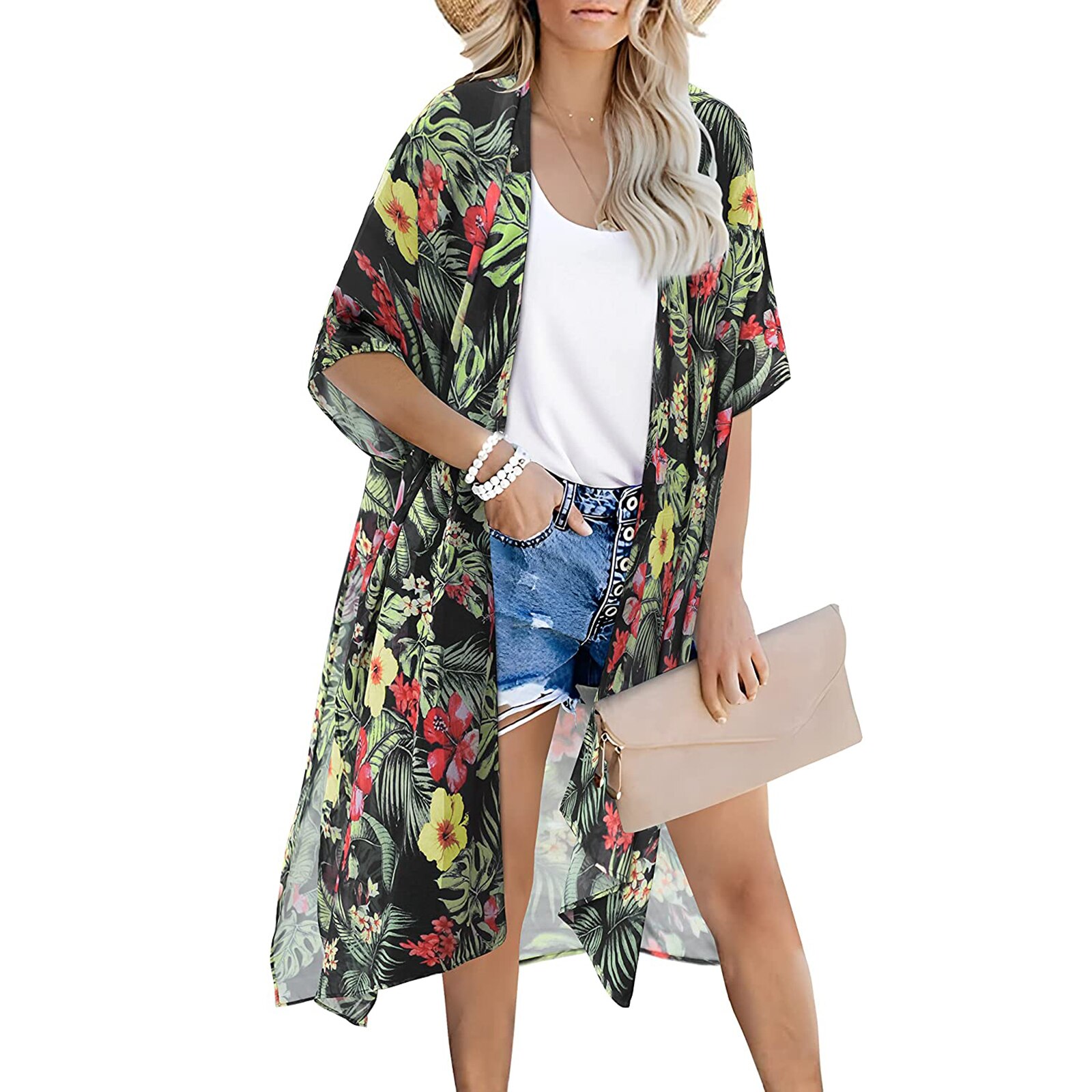 Bata transparente para mujer, Blusa de gasa con estampado único, protección solar, Media manga, Bikini, cárdigan, falda Bohemia con abertura larga, 2022: 2