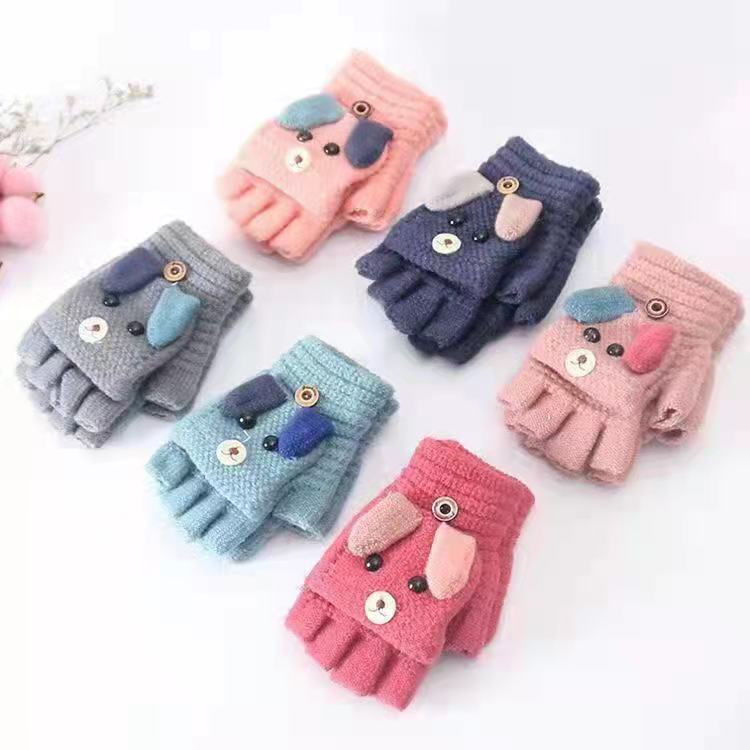 Kids Handschoenen Half-Vinger Flip Winter Baby Warm Vijf-Vinger Handschoenen Breien Basisschool Handschoenen Wanten 6-12year