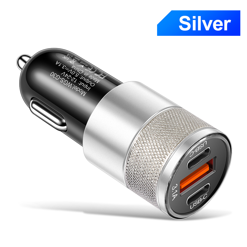 Cargador de coche 3.1A 1USB + 2 tipo C, adaptador de teléfono de carga rápida para Xiaomi, Huawei, cargador de teléfono, adaptador de coche, enchufe, encendedor de cigarrillos: KR