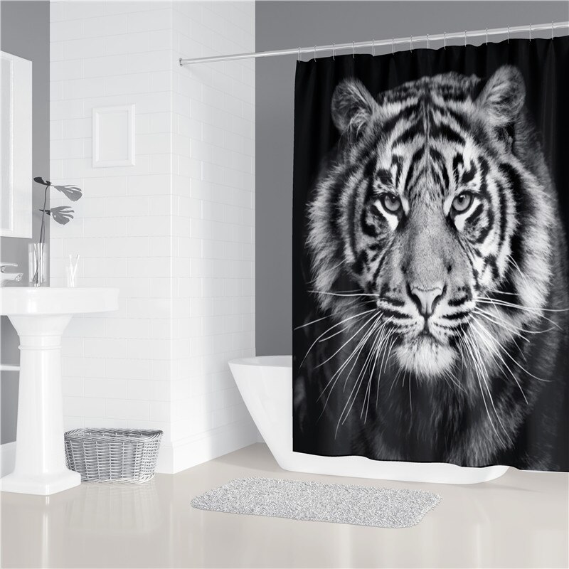 Ensemble de rideau de douche avec tapis, motif animaux, tigre, Lion, imperméable, écran de bain, antidérapant, couvercle de toilette, décor de salle de bain: Shower Curtain - D