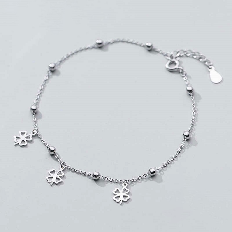 Ponykiss trendiges  s925- teiliges sterlingsilber-fußkettchen mit vierblättrigem kleeblatt und hohlkette für damen, partyschmuck, allergievorbeugendes accessoire