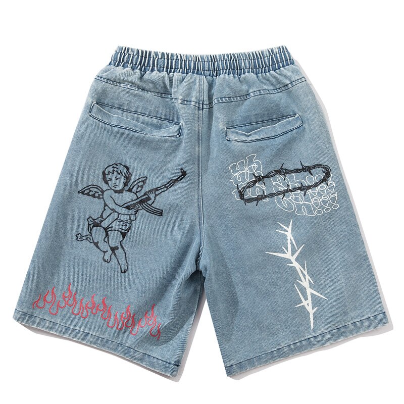 Hip Hop Angel Gun Graffiti Fire Flame Print Men Denim Shorts Streetwear Harajuku Elastic Waist Short Jeans Pants: Blue / XXL