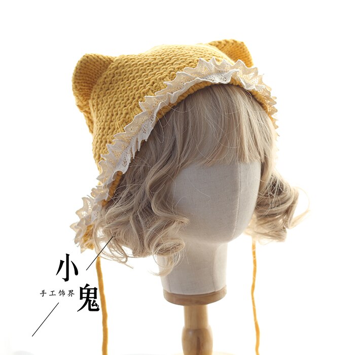 Lindo gato japonés orejas Lolita suave hermana gorro lana gorro niñas Otoño Invierno Kawaii sombrero de encaje atado cálido sombrero hecho a mano tocado: Yellow