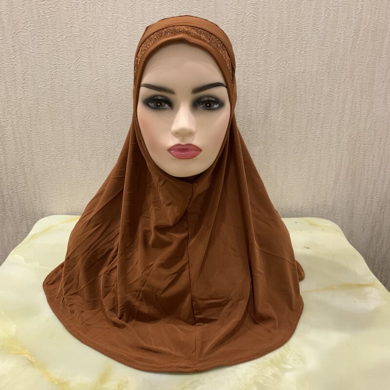 H063a dorosłych lub duże dziewczynki brokat modlić hidżab muzułmańska chusta islamska chustka kapelusz amira ciągnąć na headwrap: medium brown