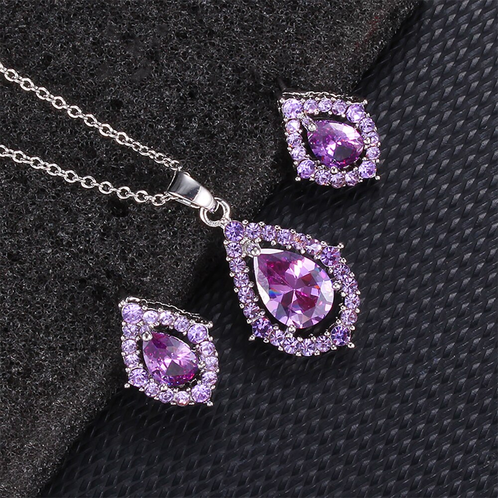 Vrouwen Ketting Oorbellen Verzilverd Zirconia Sieraden Set Mode Eenvoudige Sieraden Set Geven Vriendin: Pink