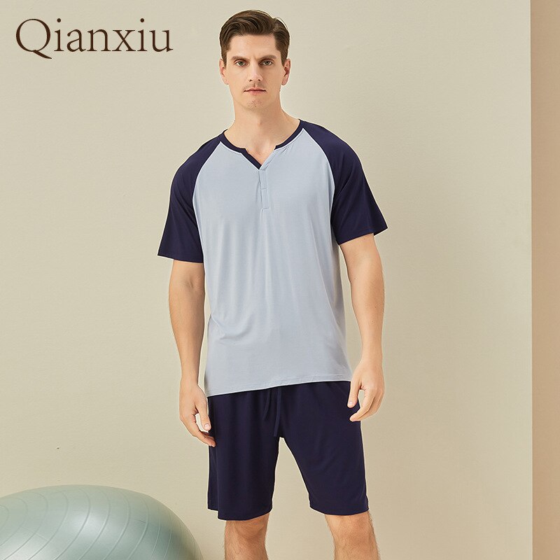 Pyjama en fibre de bambou pour hommes, ensemble d'été, manches courtes, short, vêtements de maison