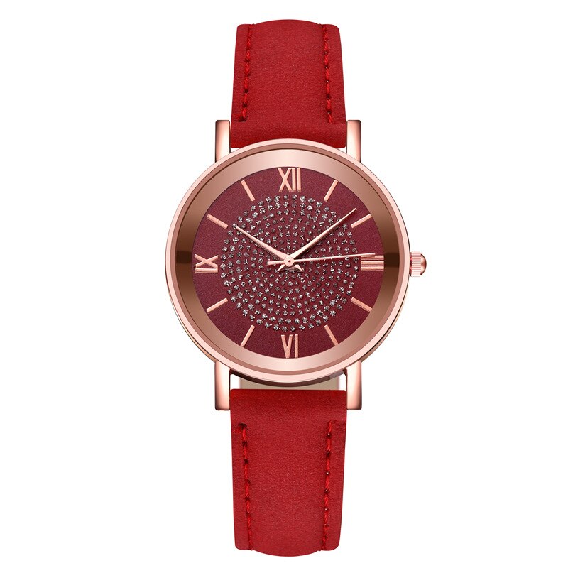 Style Starry Sky Dial Watches for Women Roman Scale Rhinestone Leather Ladies Quartz Watch Female Wrist Watch: Red