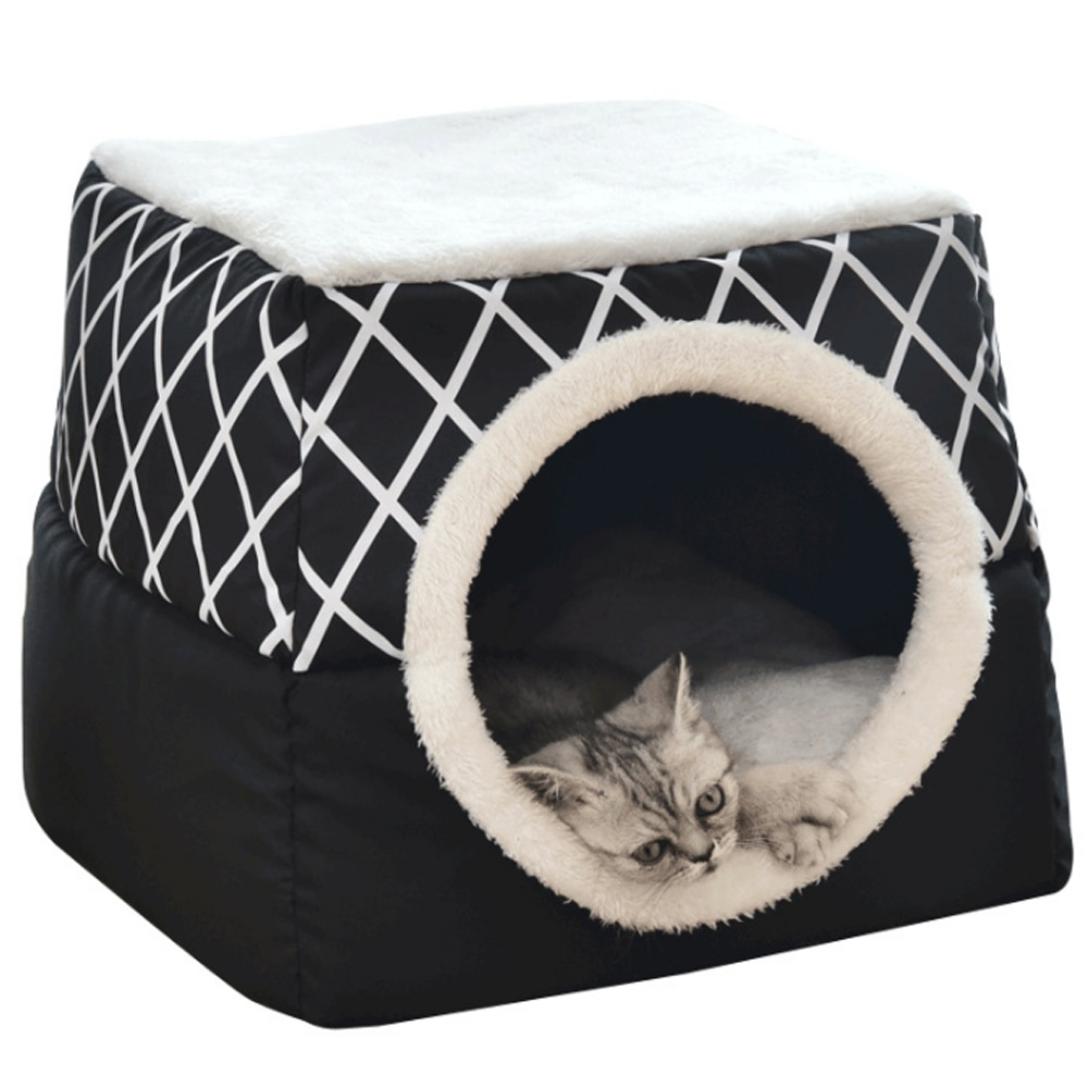 Kæledyrsseng til katte hunde blød reden kennel seng hule hus sovepose mat pad pad telt kæledyr vinter varme hyggelige senge 2 størrelse l  xl 2 farver: Sort / 38 x 38 x 34cm
