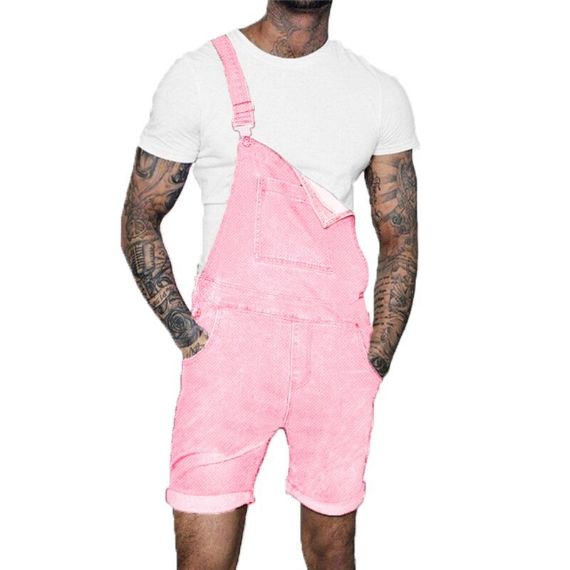 Pink denim overall shorts til mænd hip hop streetwear herre jeans overall shorts plus størrelse korte jean jumpsuits: Version 1 / M