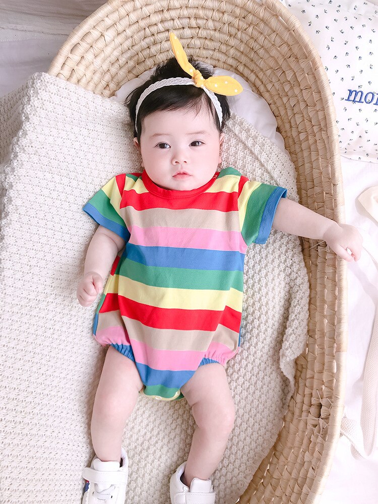 Baby Summer Short Sleeve Rainbow Stripe Bodysuit For Girls And Boys 0-24m Newborn Baby Clothes Twins Cute Climbing Infants