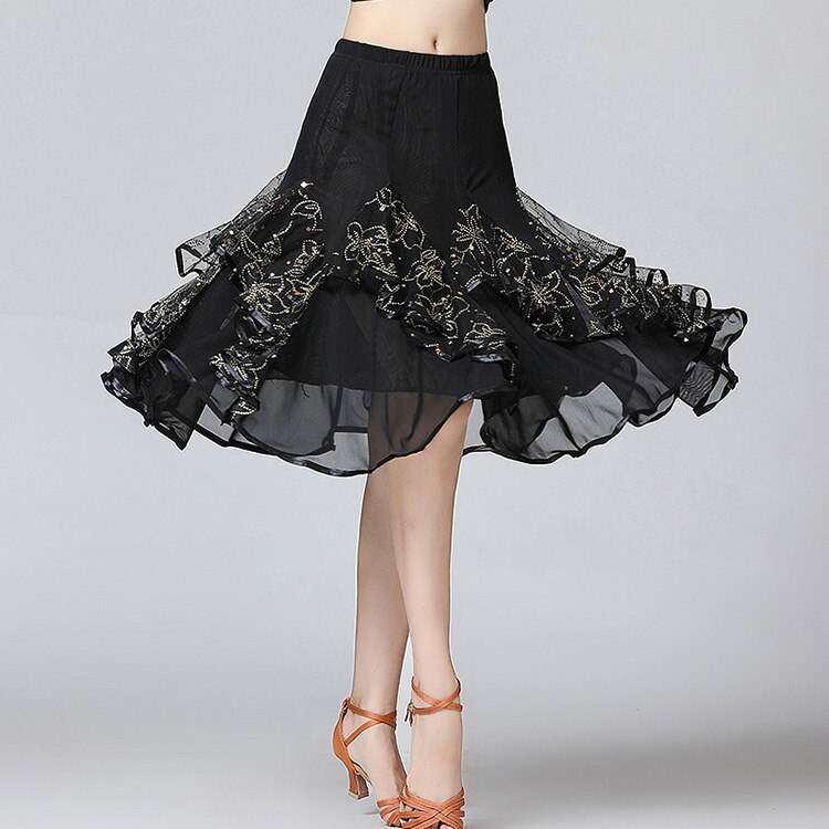 Falda Latina faldas de baile de salón para Mujer Faldas de Danza moderna Latino Tango estándar nacional para concurso de baile de Flamenco: Black