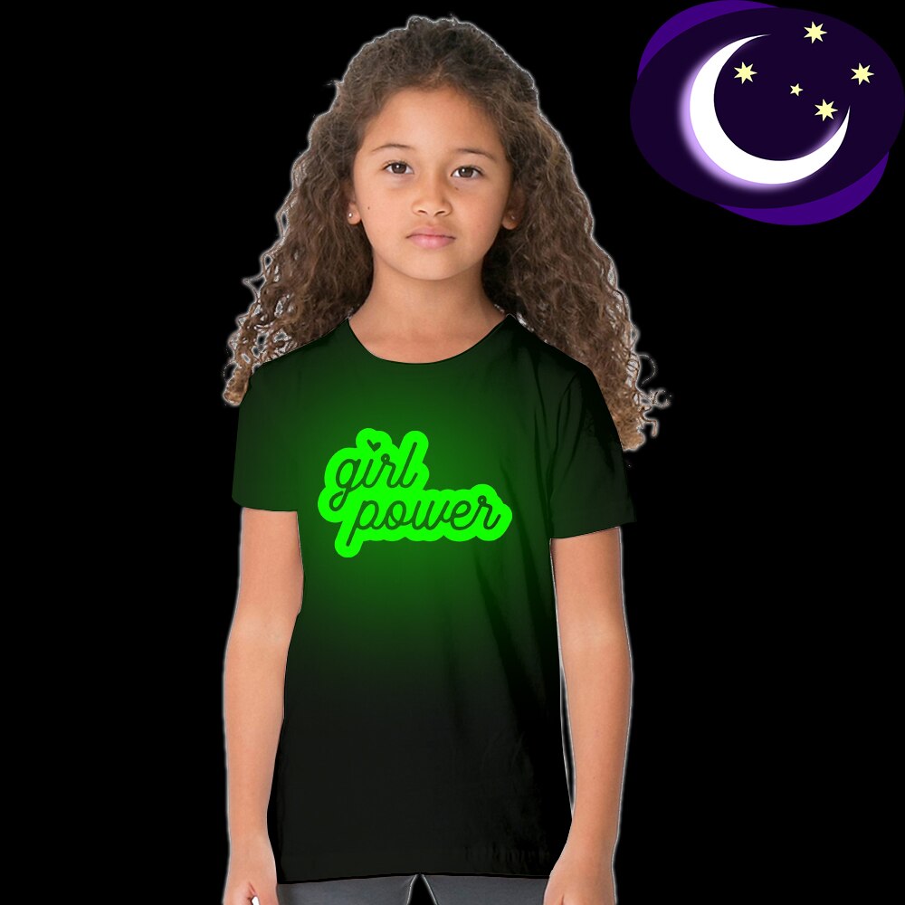 Barn flickor sommar nattlysande t-shirt girl power print glöd i mörka kläder roliga barn självlysande kortärmade t-shirts toppar