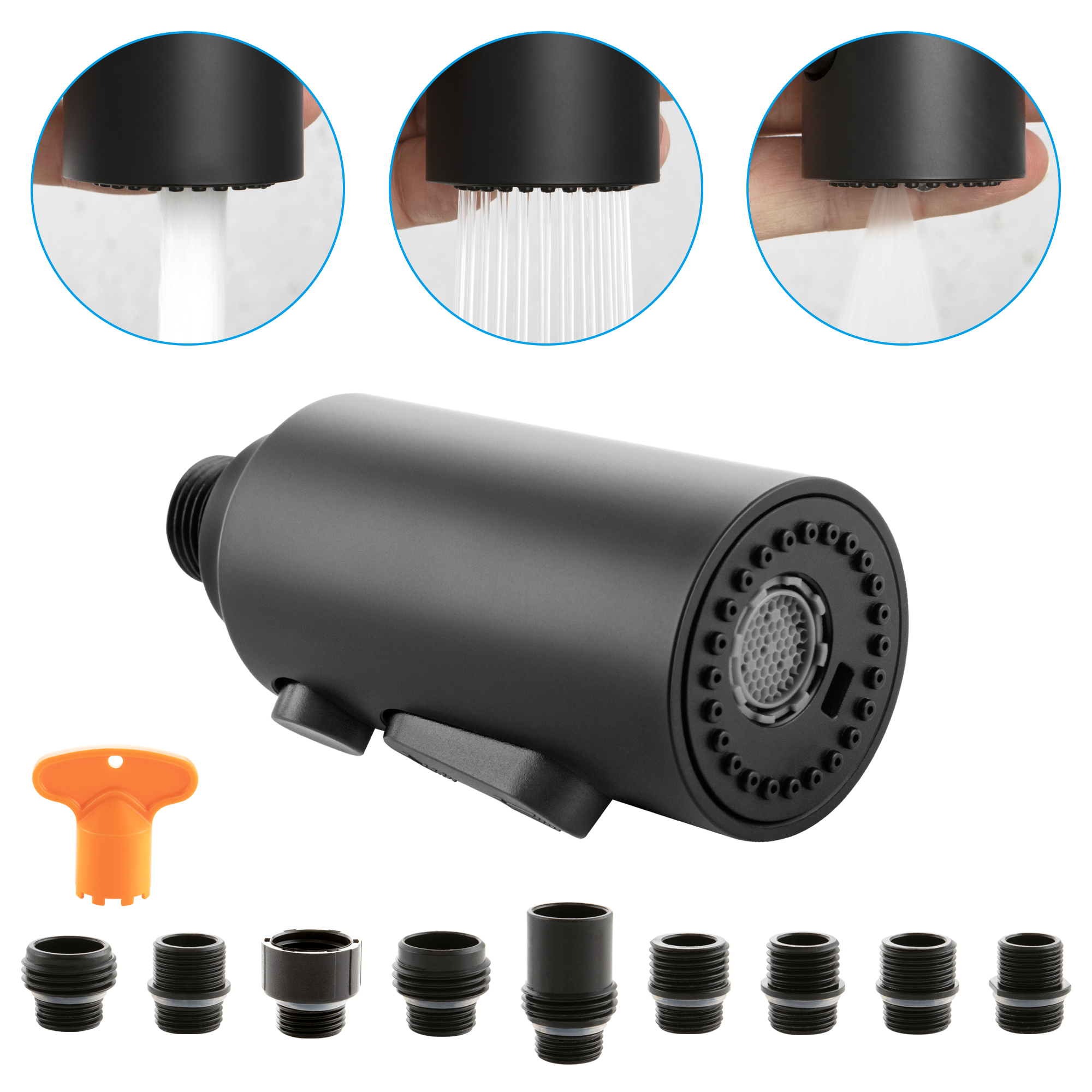 SKOWLL 3-Function Kitchen Sink Spray Nozzle Pull Down Faucet Head Replacement with 9 Adapters, Matte Black: black