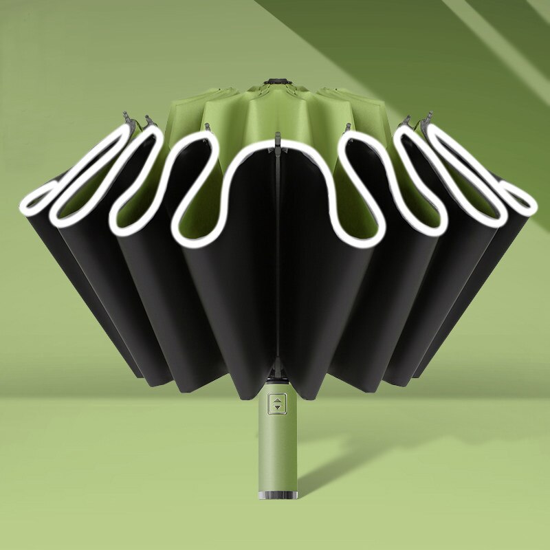 Automatic Folding Strong Umbrella for Men Women Windproof 12Ribs Reverse Umbrella Wind Resistant Trip inverted Rain Umbrella: Automatic green