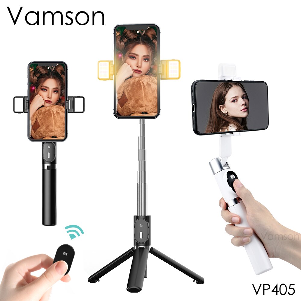 Vamson para iphone ios android tripé selfie vara com controle remoto sem fio bluetooth e 3 cores 9 modos duplo luz de preenchimento vp405