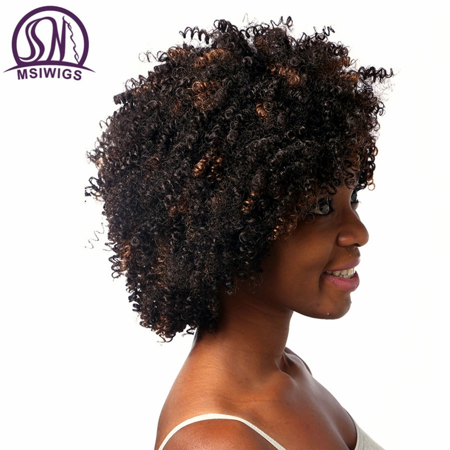 Msiwigs afro krøllet paryk kort ombre hår brun syntetiske parykker til sorte kvinder afroamerikanske kvindelige haircut hår