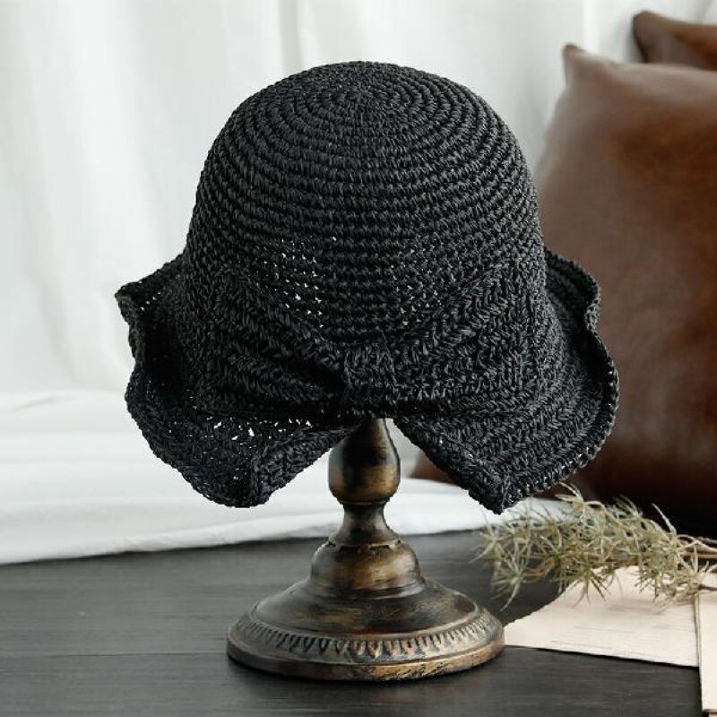 Handgemaakte 100% Raffia Boog Zonnehoed Brede Rand Floppy Zomer Hoeden Voor Vrouwen Beach Panama Stro Koepel Emmer Hoed femme Schaduw Hoed: black