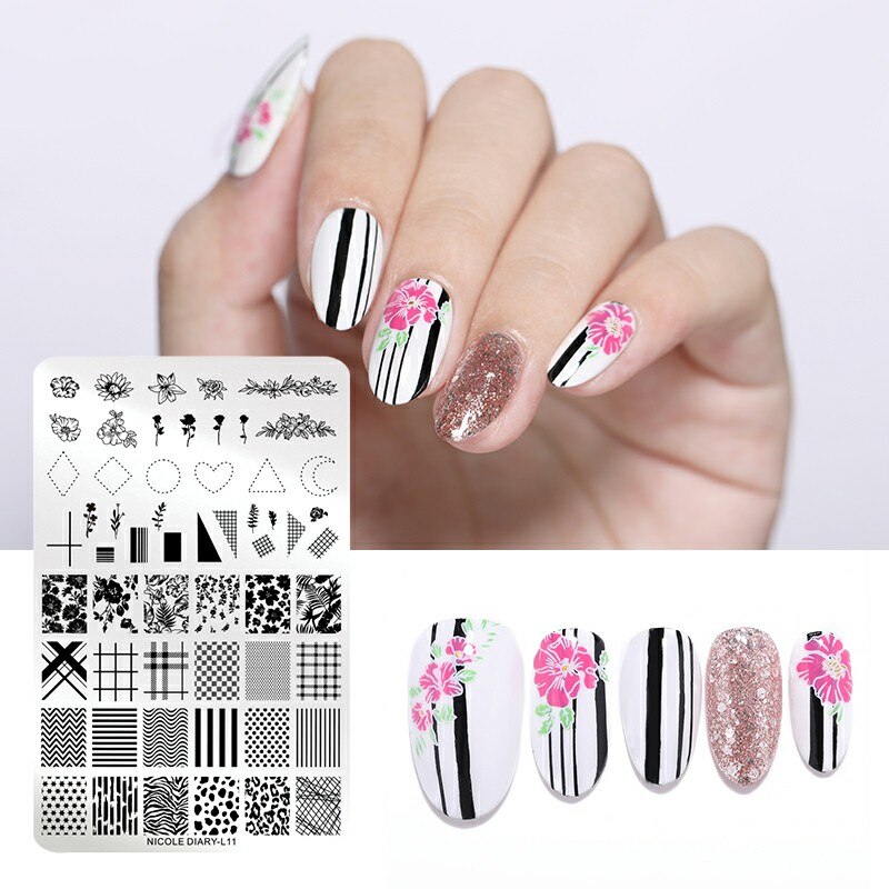 Nicole Dagboek Bloemen Patroon Nail Stempelen Platen Afbeelding Schilderen Nail Art Stencils Template Nail Stempel Gereedschap: L11