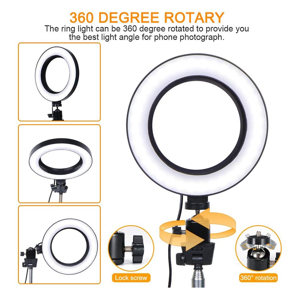 USB LED Selfie Ring Light Dimmable Camera Phone Video Photography Lighting w/ Tripod Brightness adjustable for Makeup LiveStream