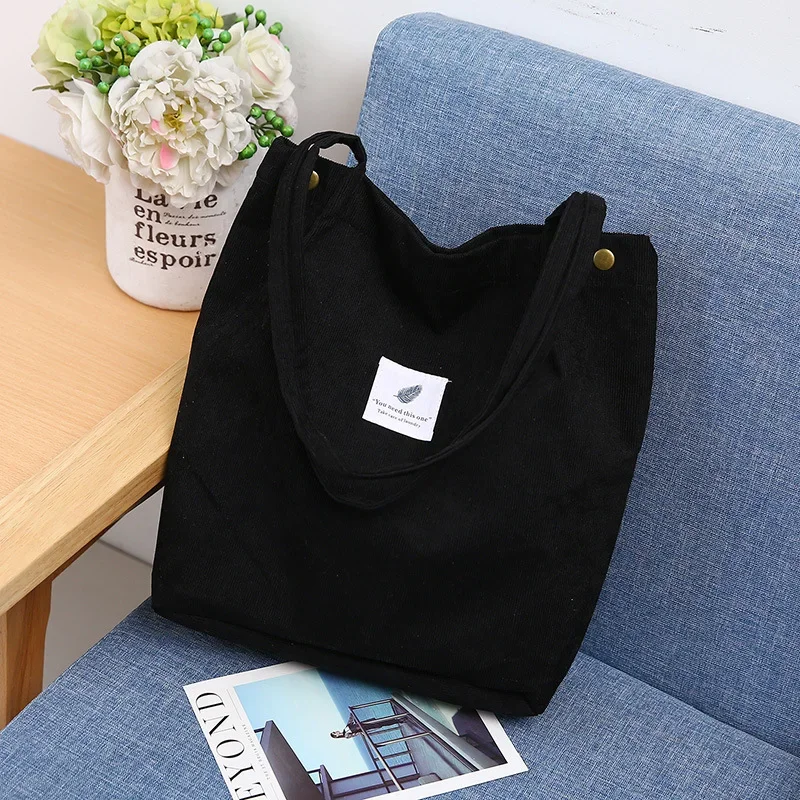 Bolsos de mano de pana de gran capacidad para mujer, bolsos simples a rayas para uso diario en viajes, bolsos de mano esponjosos, para mujeres y niñas: Negro