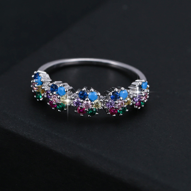 Charme kvindelig regnbue krystal tynd ring vintage sølv farve vielsesringe til kvinder lover blomster zirkon sten forlovelsesring
