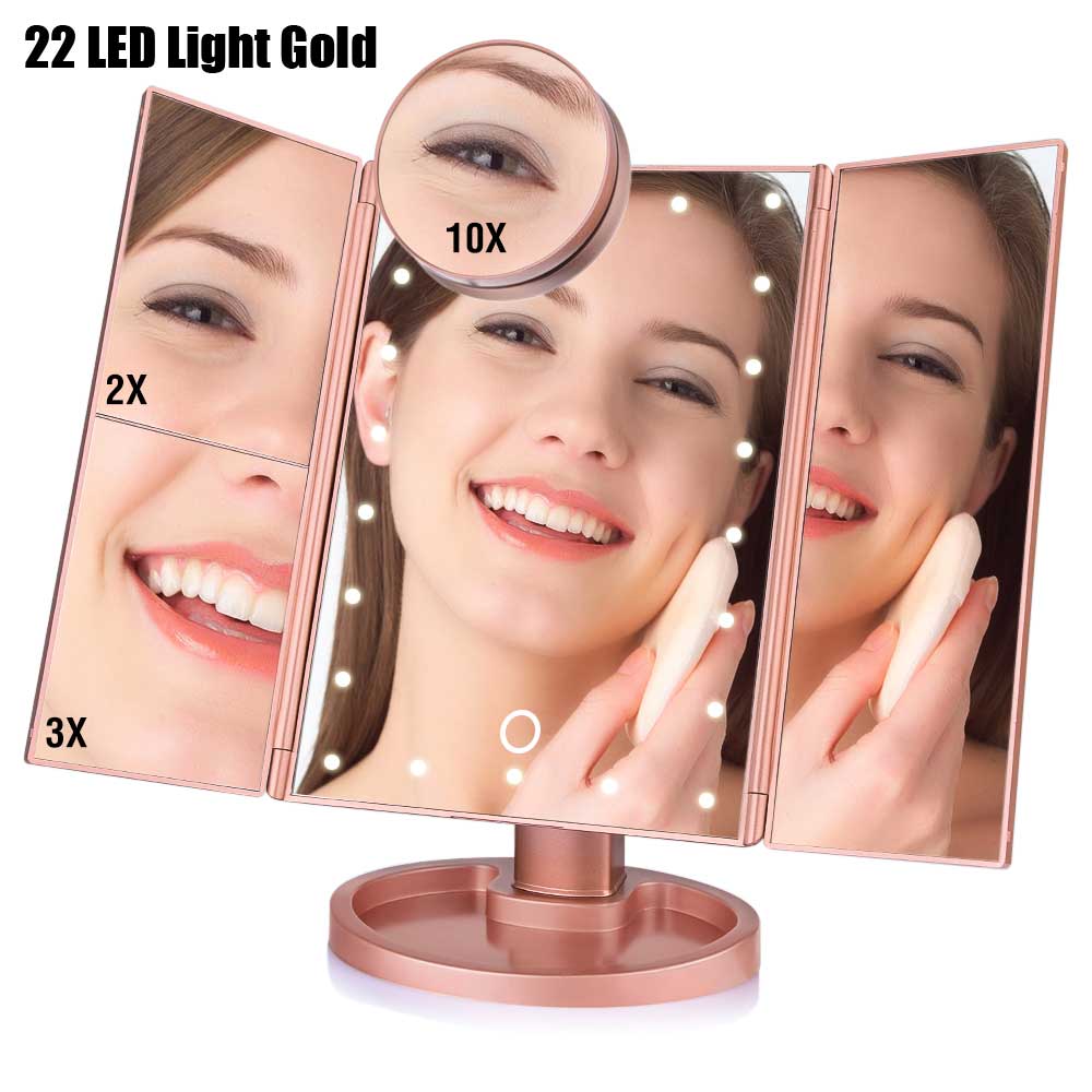 22 Led Light Touch Screen Make-Up Spiegel 10X Vergrootglas Compacte Spiegel Flexibele Cosmetica Spiegels: 22LEDs Gold B