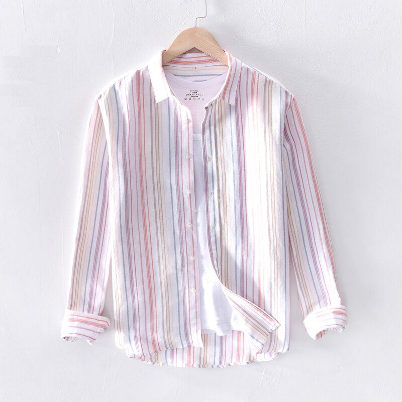Men's Long Sleeve Rainbow Stripe Shirts Linen Summer Casual Shirts Man White Turn Down Collar Shirt Male Y2343: Orange / S