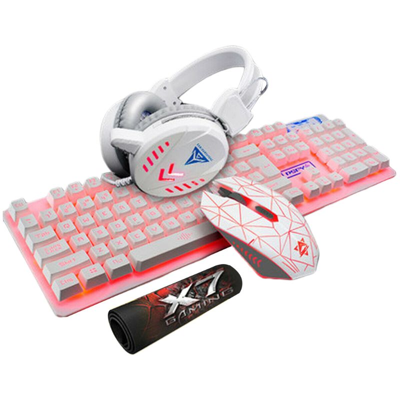4 stk/sett kablet usb-tastatur belyst gamingmusematte trefarget bakgrunnsbelysningshodesett: Hvit
