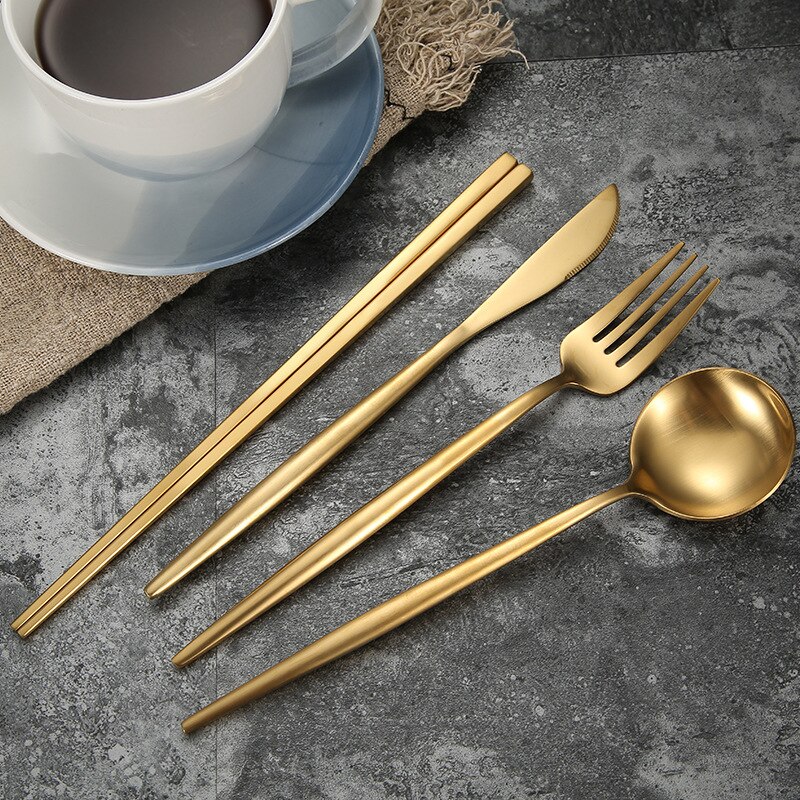 304 roestvrijstalen gouden besteksets, dinervork, mes, lepel, eetstokjes, serviesset, zilverwerk, servies