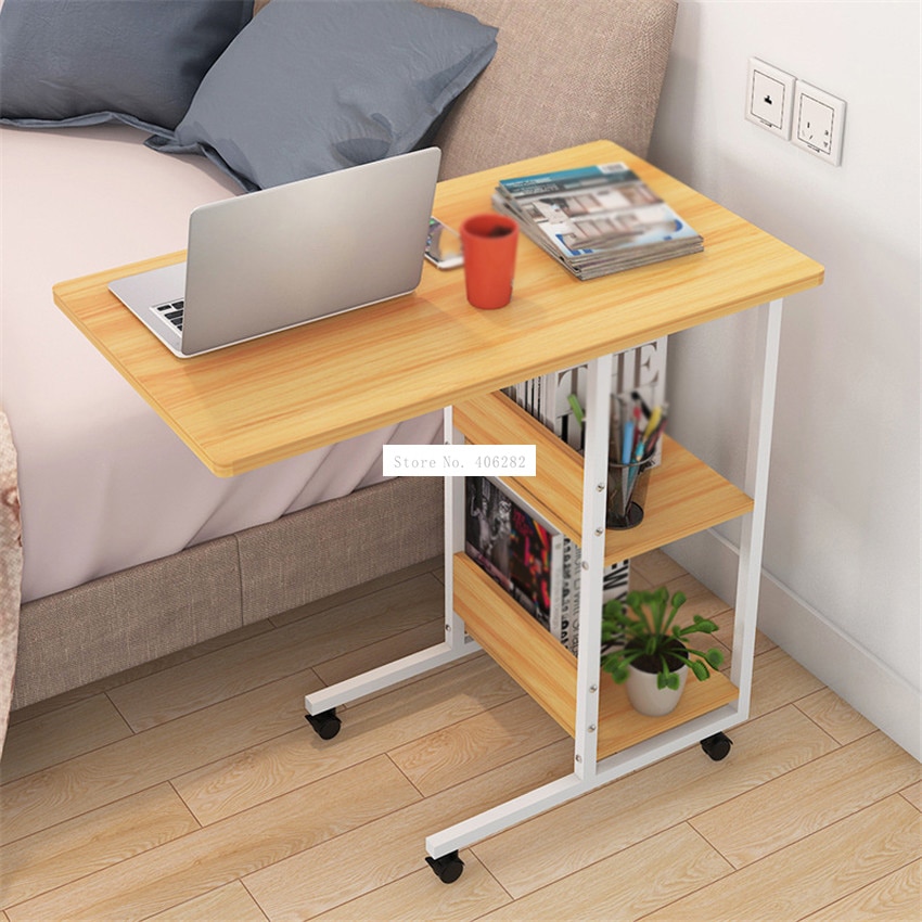 Mesa auxiliar con marco de acero para ordenador portátil, mesa pequeña de 2 capas con polea móvil, Simple y móvil