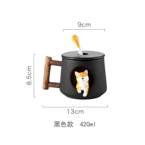 Søt tegneserie dyr shiba inu keramisk krus menn og kvinner par med lokk skje drikkevann kaffekopp: Svart