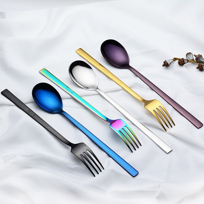 Edelstahl Löffel Gabel Kaffee Kuchen Dessert Eis Gabeln Löffel Koreanische Quadratischen Griff Farbe Gabel Löffel Geschirr Besteck