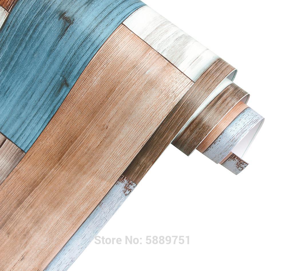 Papel tapiz de vinilo autoadhesivo para decoración del hogar, 3D tablón de madera, color marrón/Blanco/azul, para pared de habitación y ducha