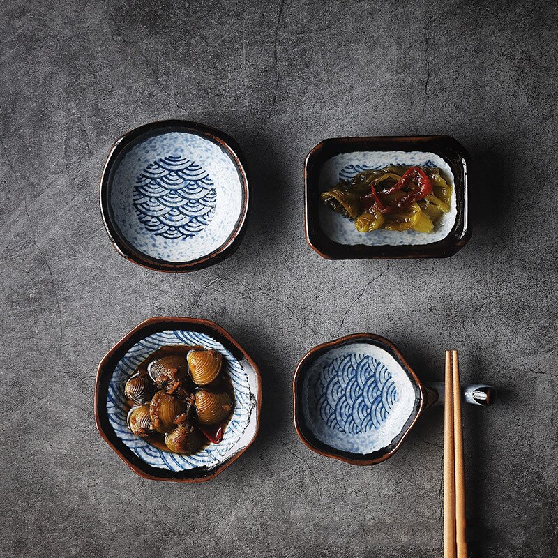Japanese Retro Ceramic Sauce Dish Pickle Plate Kitchen Geometric Pattern Soy Sauce Dishes Small Fruit Dessert Snack Sushi Plates