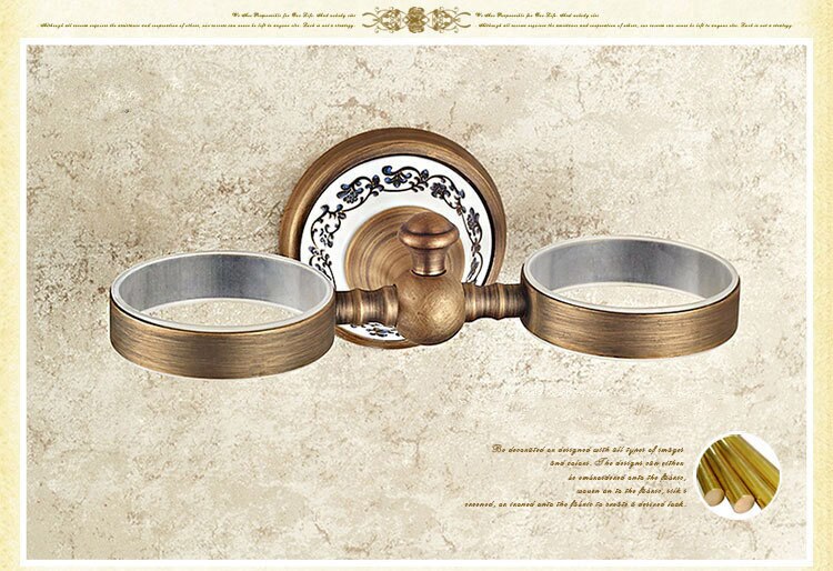 Mässing antikt porslin dubbelglas mugghållare tandborsthållare badrumstillbehör sanitetsporslin badrumsmöbel toalett